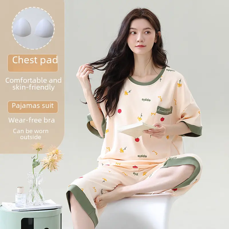 Stylish Summer Women's Pajamas Chest Pad Short Sleeves Seven-inch Pants Loose-fit Outerwear Home Clothes