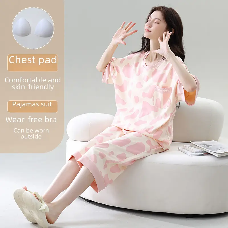 Stylish Summer Women's Pajamas Chest Pad Short Sleeves Seven-inch Pants Loose-fit Outerwear Home Clothes