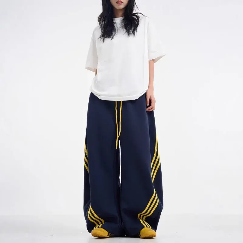 American Style Color Block Men's Casual Pants Loose Fit Wide Leg Trousers Ins Trendy Design Sensibility Sports Pants