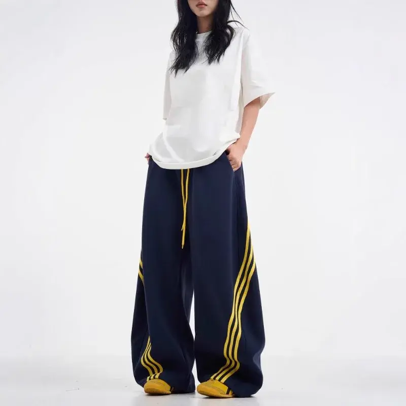 American Style Color Block Men's Casual Pants Loose Fit Wide Leg Trousers Ins Trendy Design Sensibility Sports Pants