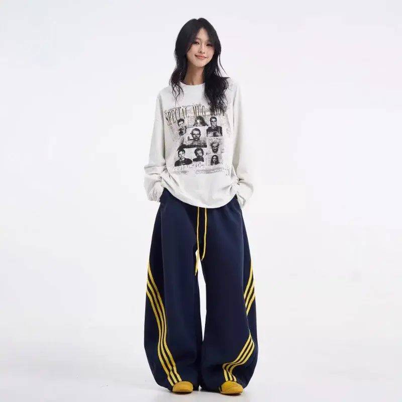 American Style Color Block Men's Casual Pants Loose Fit Wide Leg Trousers Ins Trendy Design Sensibility Sports Pants