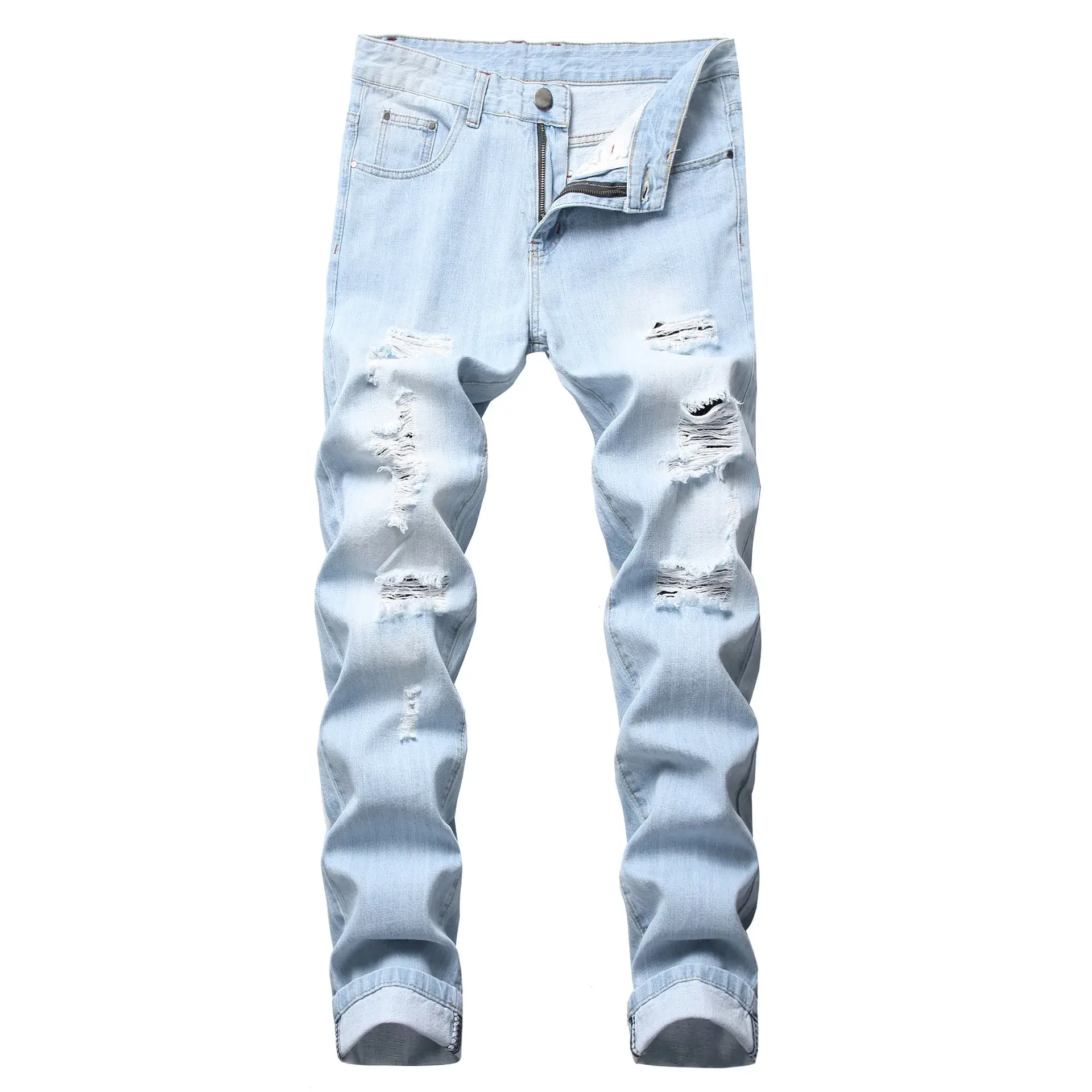 Cross-Border Men's Wear Ripped Straight-Leg Slim Fit Smooths Your Silhouette No Stretch Jeans Light-Colored Denim Trousers Amazo