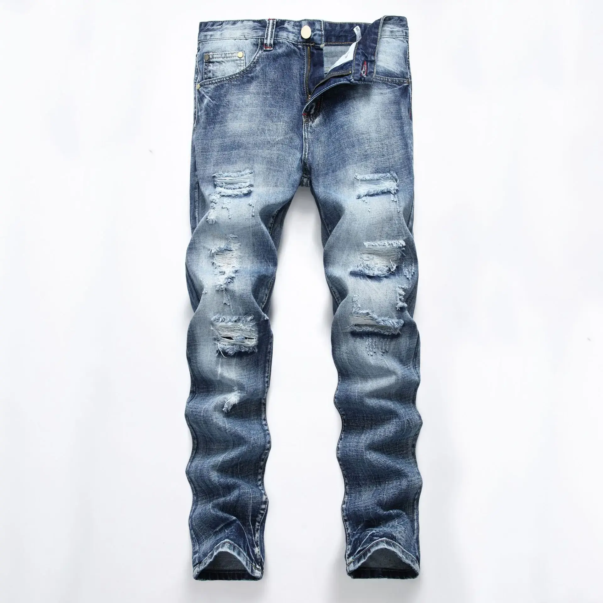 Cross-Border Men's Wear Ripped Straight-Leg Slim Fit Smooths Your Silhouette No Stretch Jeans Light-Colored Denim Trousers Amazo