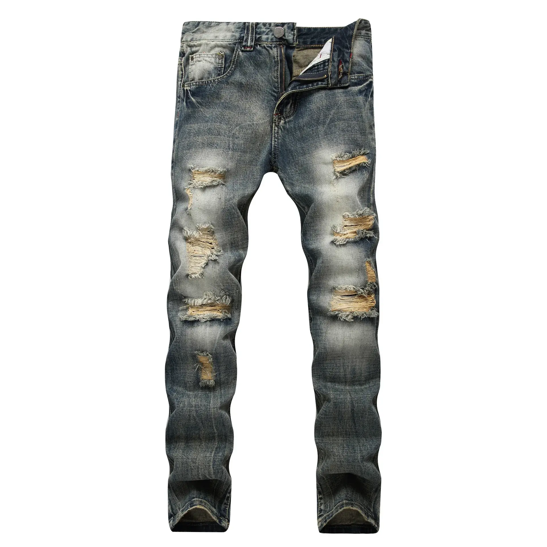 Cross-Border Men's Wear Ripped Straight-Leg Slim Fit Smooths Your Silhouette No Stretch Jeans Light-Colored Denim Trousers Amazo