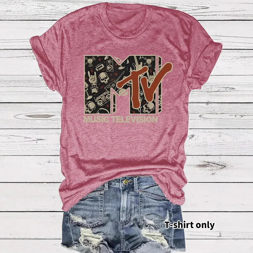 Summer Women's Fashion Skull MTV Print T-Shirt Short Sleeve Loose Polyester Crew Neck Top Floral Decorated Casual Wear