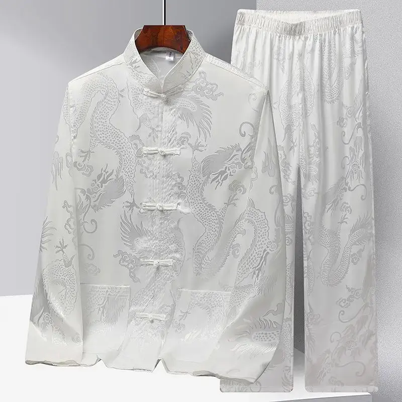 New Chinese Style Long Sleeve Tan Suit Men's Ice Silk Spring Summer Season Middle-Aged And Elderly People Hanfu Father Son Yin Y