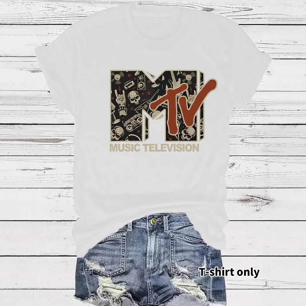 Summer Women's Fashion Skull MTV Print T-Shirt Short Sleeve Loose Polyester Crew Neck Top Floral Decorated Casual Wear