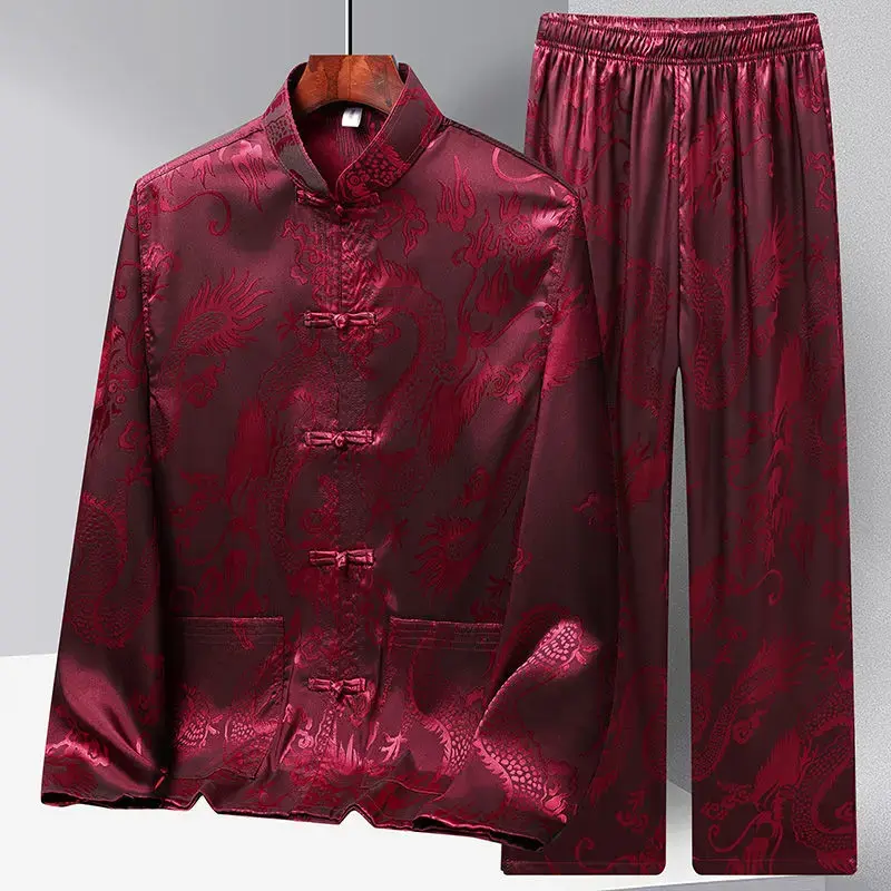 New Chinese Style Long Sleeve Tan Suit Men's Ice Silk Spring Summer Season Middle-Aged And Elderly People Hanfu Father Son Yin Y