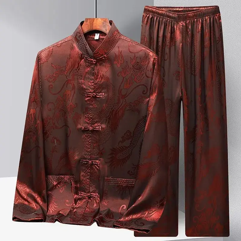 New Chinese Style Long Sleeve Tan Suit Men's Ice Silk Spring Summer Season Middle-Aged And Elderly People Hanfu Father Son Yin Y