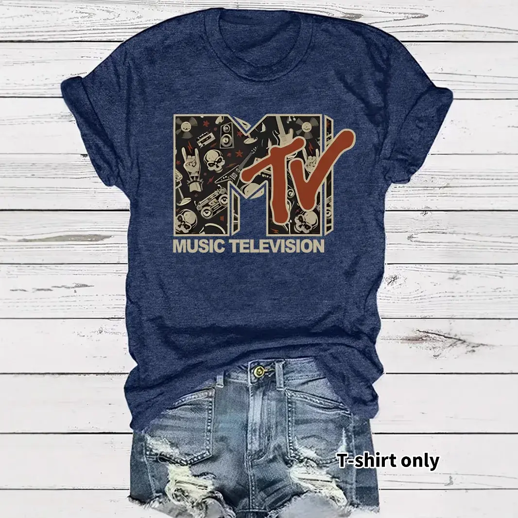 Summer Women's Fashion Skull MTV Print T-Shirt Short Sleeve Loose Polyester Crew Neck Top Floral Decorated Casual Wear