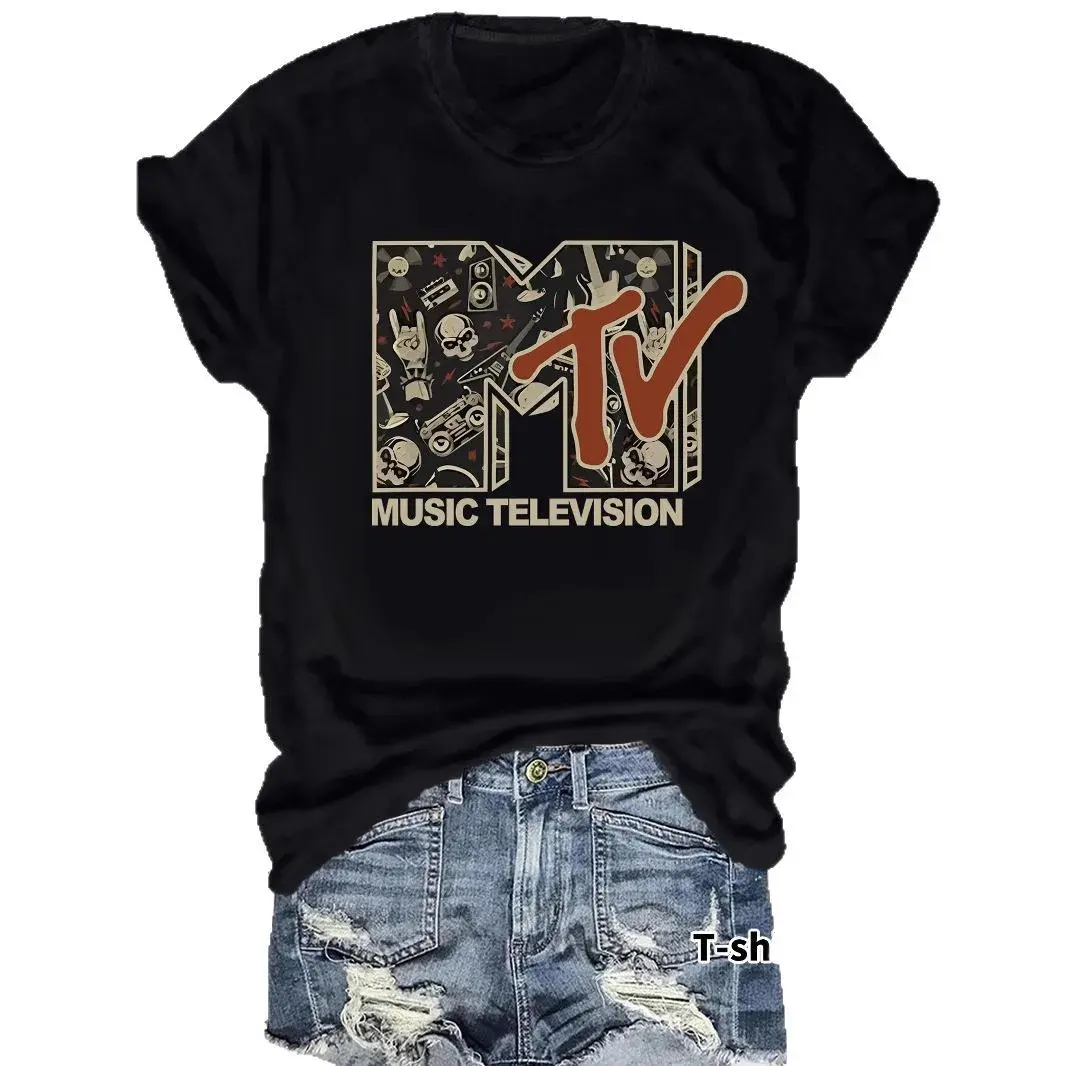 Summer Women's Fashion Skull MTV Print T-Shirt Short Sleeve Loose Polyester Crew Neck Top Floral Decorated Casual Wear