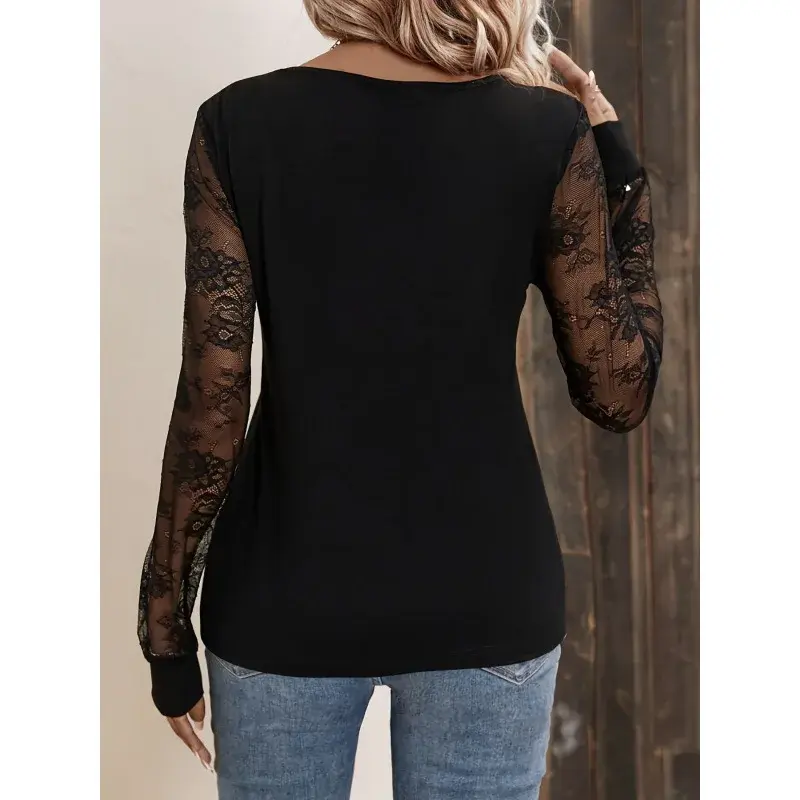 Elegant Lace V-Neck Polyester T-Shirt 2024 New Style Loose Fit Long Sleeve Solid Color Slimming Top For European And American Co