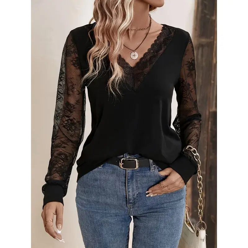 Elegant Lace V-Neck Polyester T-Shirt 2024 New Style Loose Fit Long Sleeve Solid Color Slimming Top For European And American Co