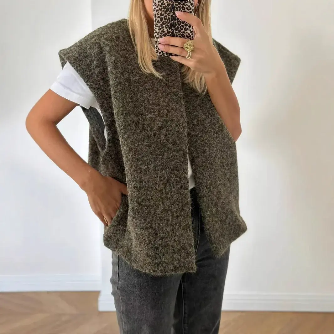 Korean Dongdaemun V-neck Double-sided Hand-sewn Woolen Vest Women's Elegant Woolen Vest Fashionable Outerwear Jacket
