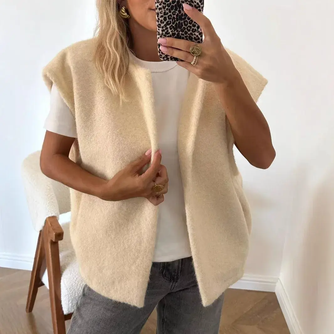 Korean Dongdaemun V-neck Double-sided Hand-sewn Woolen Vest Women's Elegant Woolen Vest Fashionable Outerwear Jacket