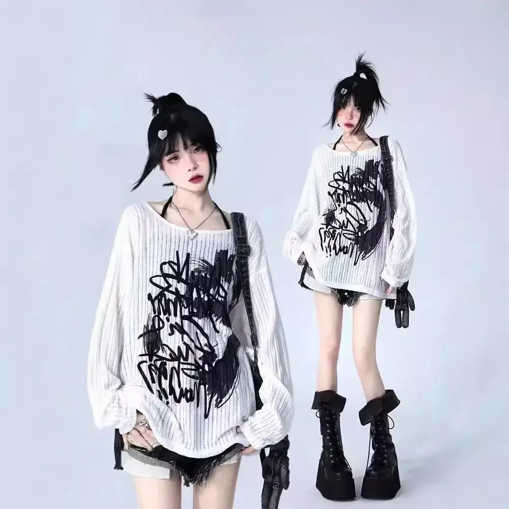 White Inner Long Sleeve T-Shirt Women's Graffiti Printing Sun Protection Cover Up Loose-Fit Knitted Top Pure Desire Top