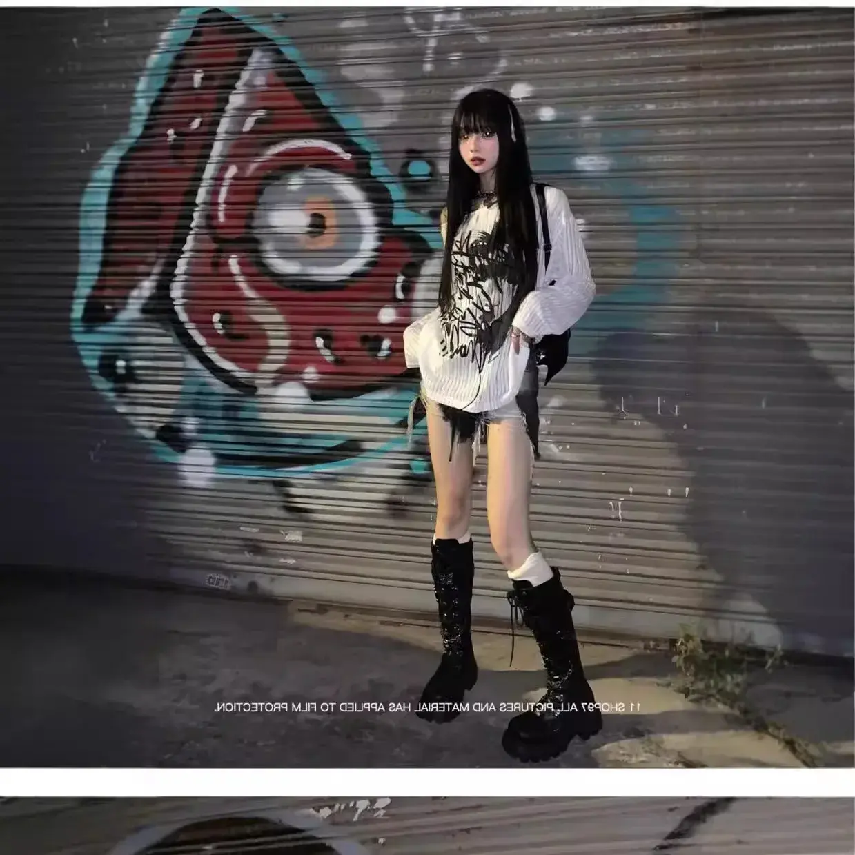 White Inner Long Sleeve T-Shirt Women's Graffiti Printing Sun Protection Cover Up Loose-Fit Knitted Top Pure Desire Top