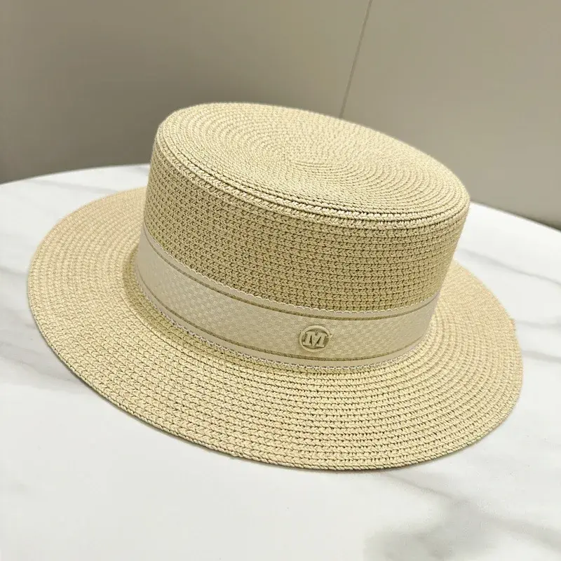 Summer Women's Straw Hat Letter Mark Sun Hat Flat Top Beach Fresh Air Durable Lace Net Cap Retro British Style Sun Protection