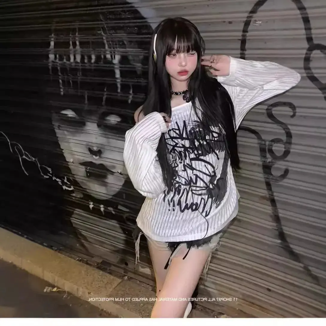 White Inner Long Sleeve T-Shirt Women's Graffiti Printing Sun Protection Cover Up Loose-Fit Knitted Top Pure Desire Top