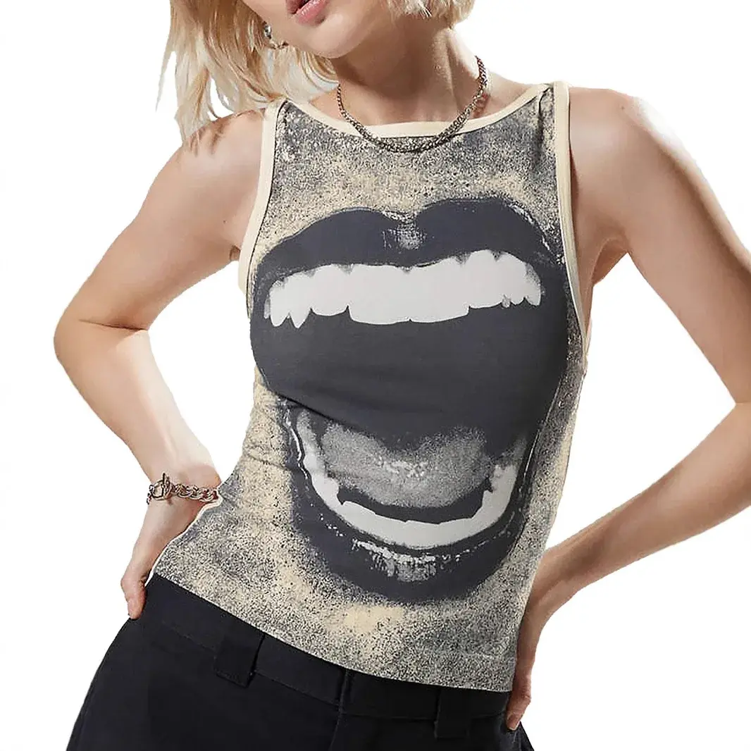 Street Style Sexy Vintage Sleeveless Vest Big Lip Print Personality Women's Summer Fashion Polyester Blend Casual Top