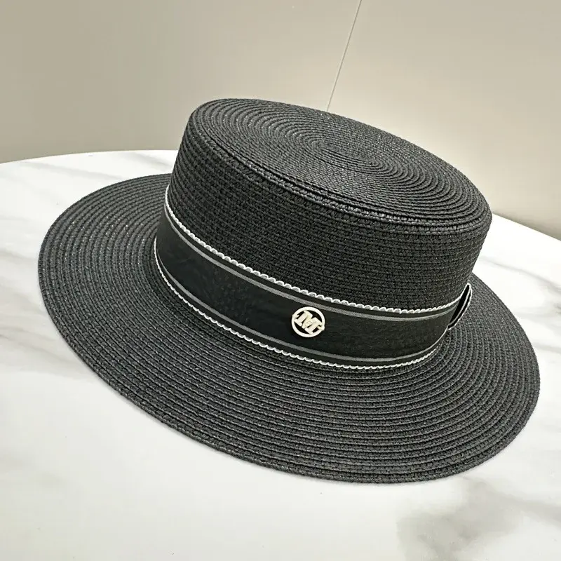 Summer Women's Straw Hat Letter Mark Sun Hat Flat Top Beach Fresh Air Durable Lace Net Cap Retro British Style Sun Protection