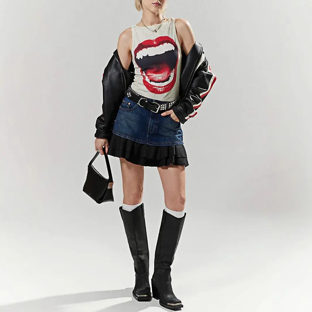 Street Style Sexy Vintage Sleeveless Vest Big Lip Print Personality Women's Summer Fashion Polyester Blend Casual Top
