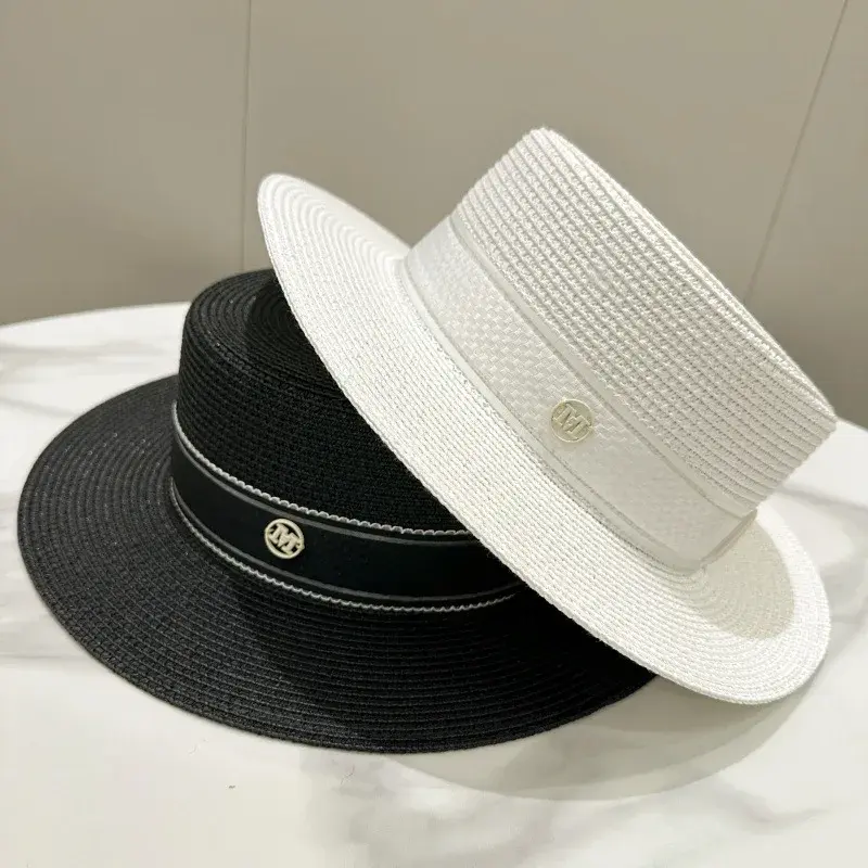 Summer Women's Straw Hat Letter Mark Sun Hat Flat Top Beach Fresh Air Durable Lace Net Cap Retro British Style Sun Protection