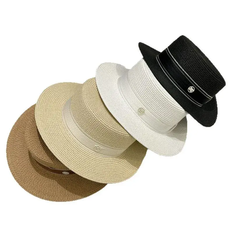 Summer Women's Straw Hat Letter Mark Sun Hat Flat Top Beach Fresh Air Durable Lace Net Cap Retro British Style Sun Protection
