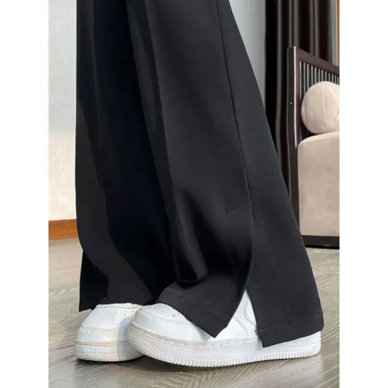 Plus Size Black Asymmetrical Flared Pants Women's Spring Summer Slimming Drapey Small Stature Casual Straight Leg Suit Wide Leg
