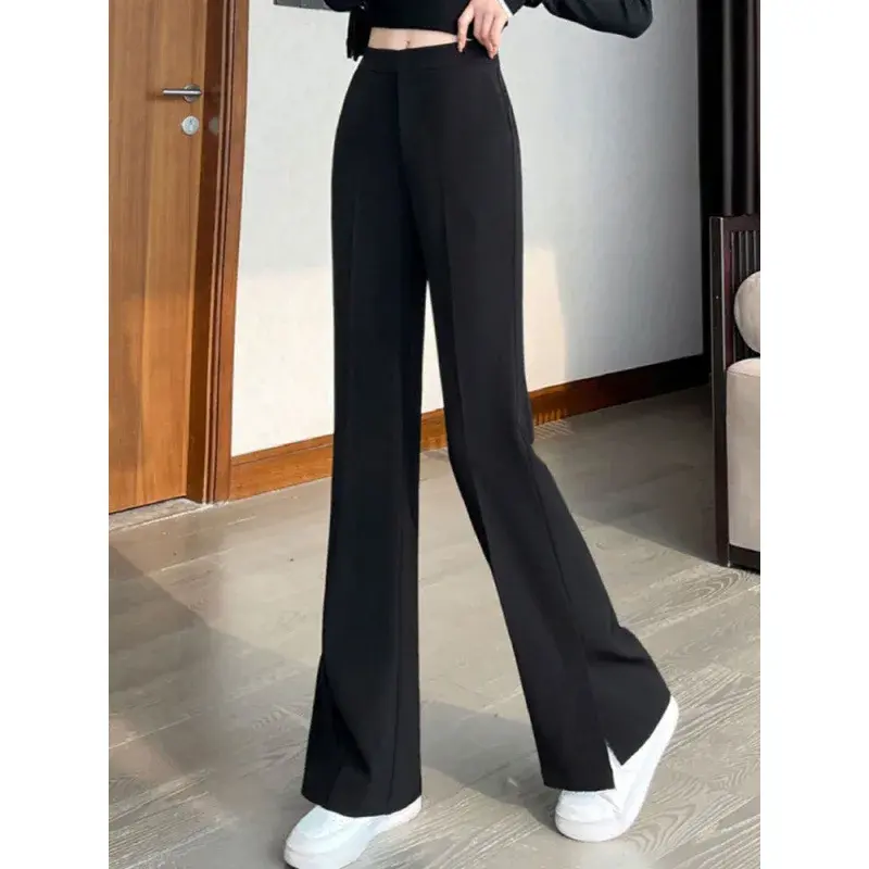 Plus Size Black Asymmetrical Flared Pants Women's Spring Summer Slimming Drapey Small Stature Casual Straight Leg Suit Wide Leg