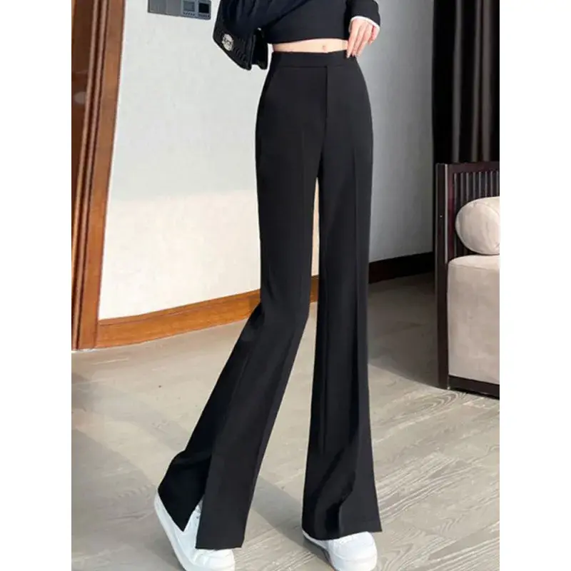 Plus Size Black Asymmetrical Flared Pants Women's Spring Summer Slimming Drapey Small Stature Casual Straight Leg Suit Wide Leg