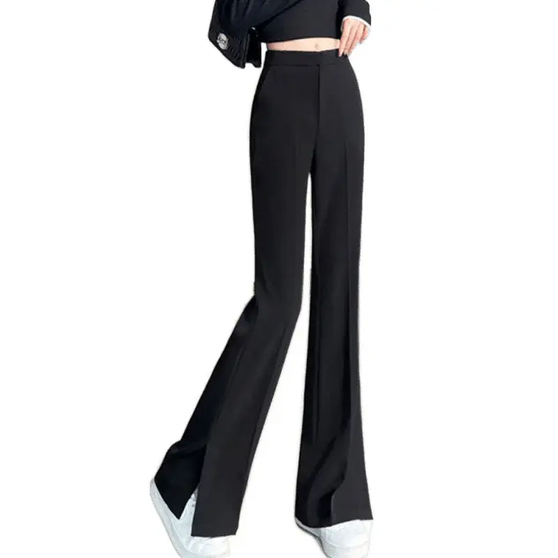Plus Size Black Asymmetrical Flared Pants Women's Spring Summer Slimming Drapey Small Stature Casual Straight Leg Suit Wide Leg