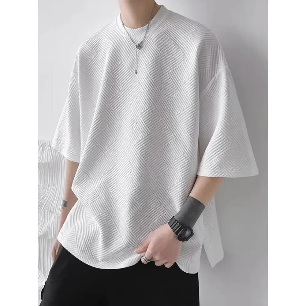 Loose Short Sleeve T-Shirt Men's Design Sensation Slit Button up Top Summer New Style Half Sleeve Shirt Casual Crew Neck