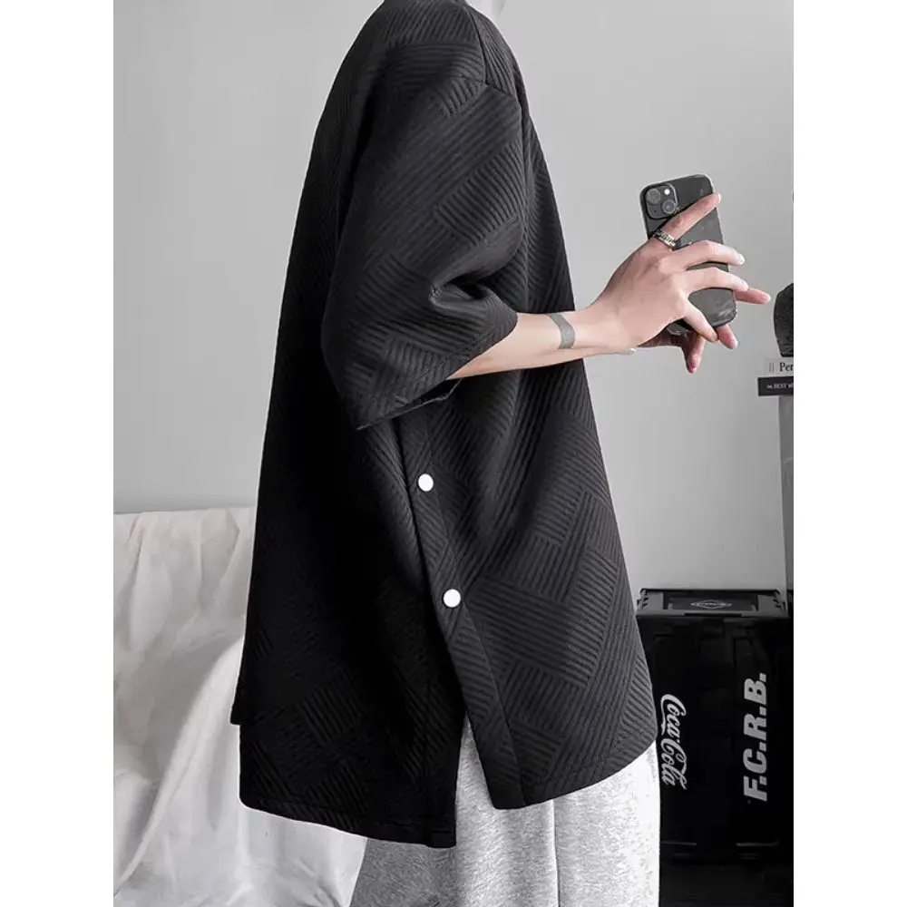 Loose Short Sleeve T-Shirt Men's Design Sensation Slit Button up Top Summer New Style Half Sleeve Shirt Casual Crew Neck