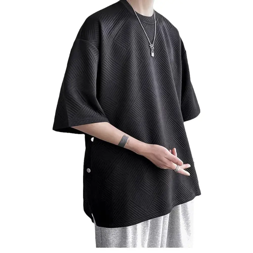 Loose Short Sleeve T-Shirt Men's Design Sensation Slit Button up Top Summer New Style Half Sleeve Shirt Casual Crew Neck