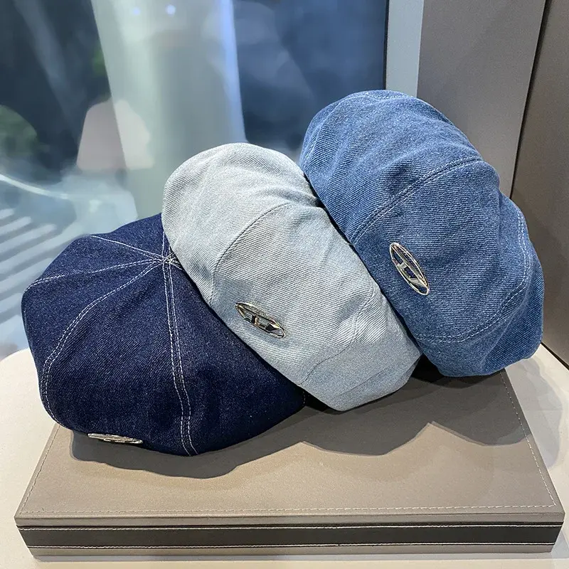 Cute Sweet New Hot Sale Of The Season Women's Denim Beret Hat Face Slimming Versatile Large Head Size Octagonal Cap Fashionable 