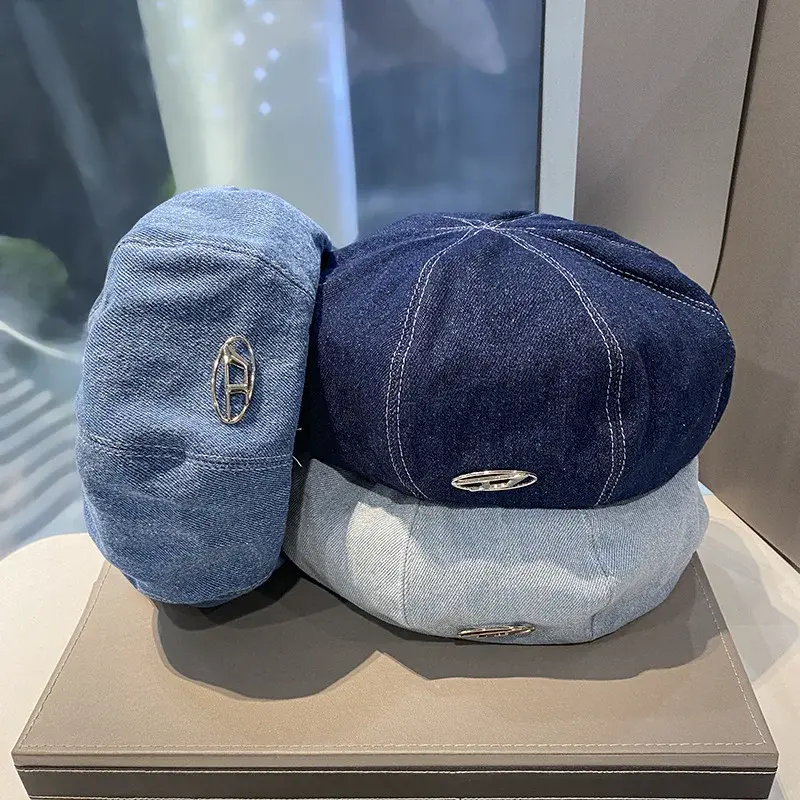 Cute Sweet New Hot Sale Of The Season Women's Denim Beret Hat Face Slimming Versatile Large Head Size Octagonal Cap Fashionable 