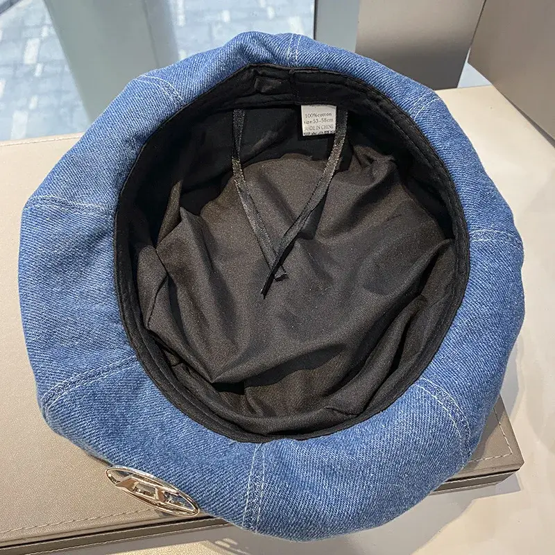 Cute Sweet New Hot Sale Of The Season Women's Denim Beret Hat Face Slimming Versatile Large Head Size Octagonal Cap Fashionable 
