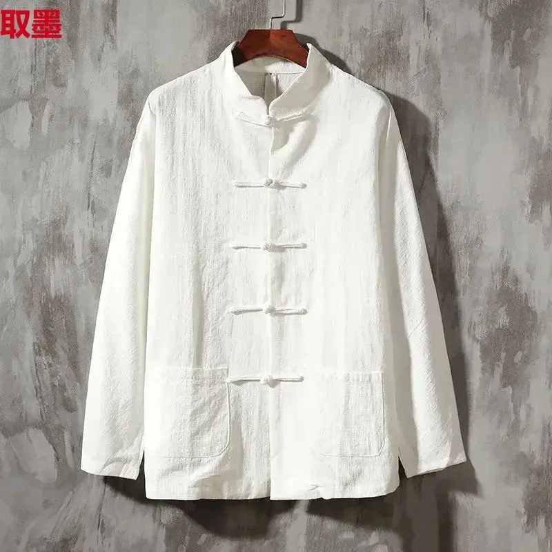 Casual Cotton Linen Long Sleeve Shirt Men's Stand Collar Chinese Style Tang Costume Retro Fashion Large Size Male Apparel