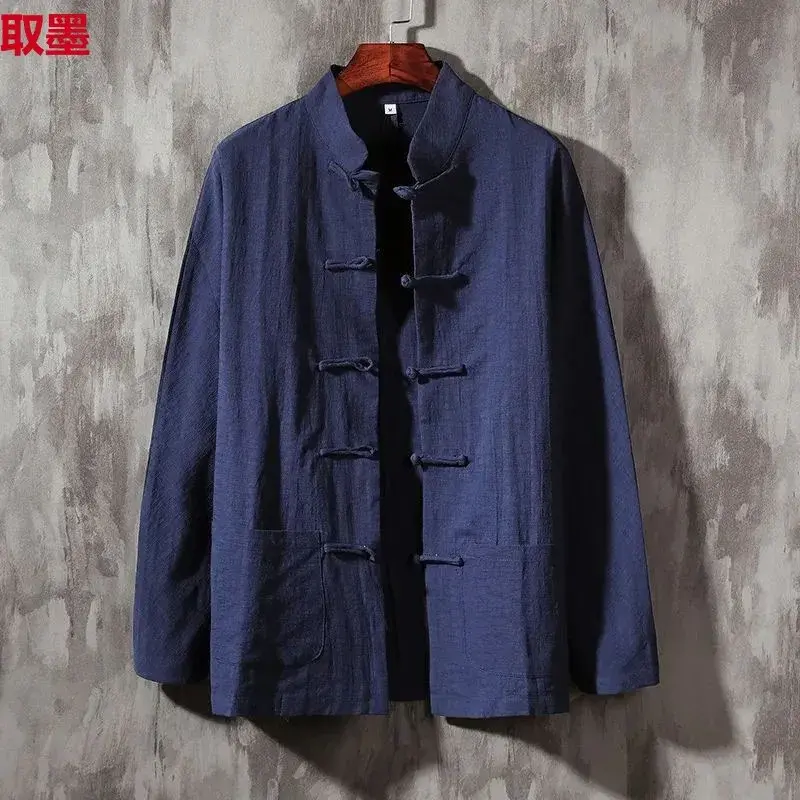 Casual Cotton Linen Long Sleeve Shirt Men's Stand Collar Chinese Style Tang Costume Retro Fashion Large Size Male Apparel
