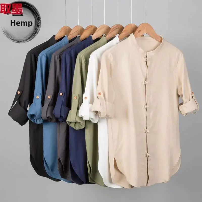 Casual Cotton Linen Long Sleeve Shirt Men's Stand Collar Chinese Style Tang Costume Retro Fashion Large Size Male Apparel