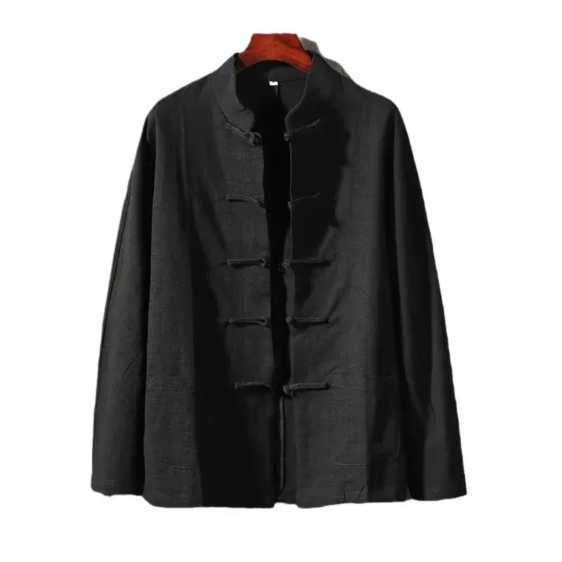 Casual Cotton Linen Long Sleeve Shirt Men's Stand Collar Chinese Style Tang Costume Retro Fashion Large Size Male Apparel