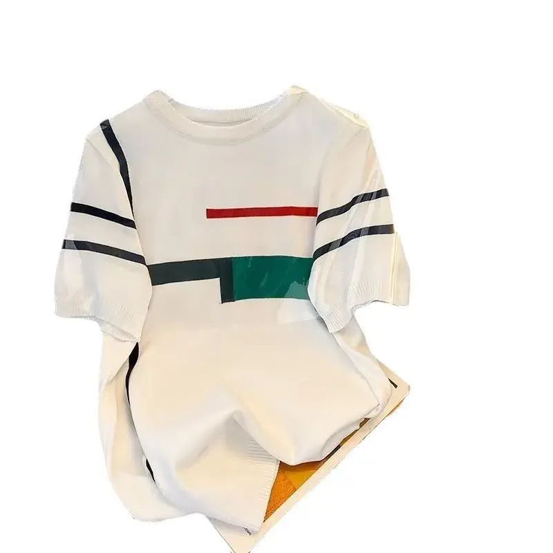 New Men's Knit Short Sleeve T-Shirt Summer Thin Style Slim Fit Breathable Trendy Jacquard Striped Youth Wear Top