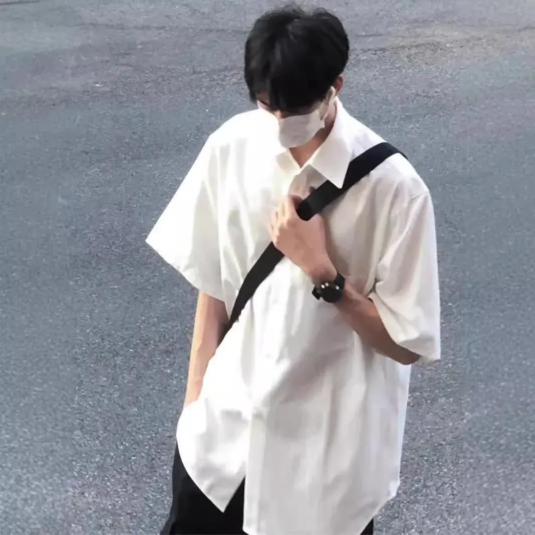 Trendy White Casual Oversize Shirt Men's Short Sleeve Button-up Collarless Vintage Streetwear Fashion From China Mainland