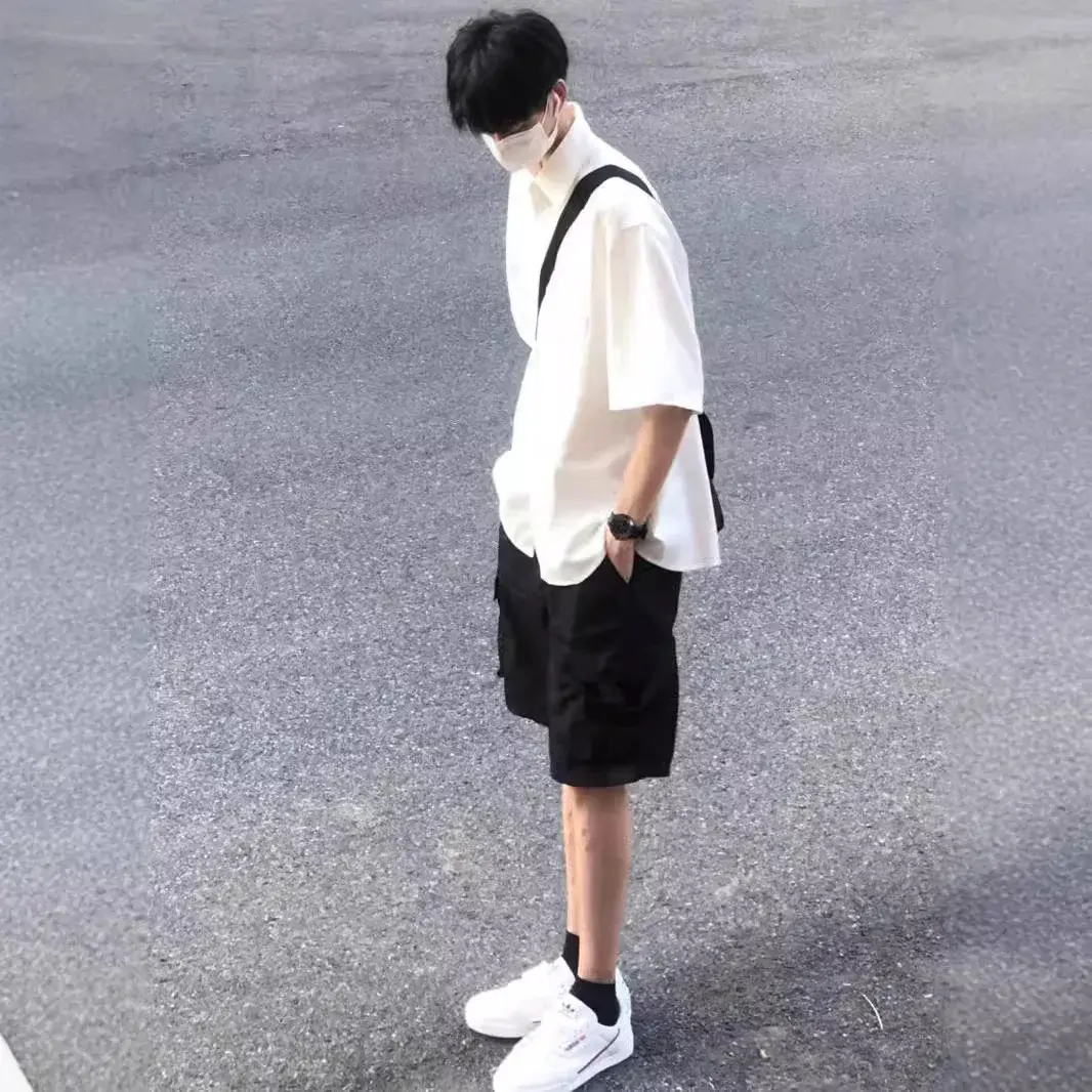 Trendy White Casual Oversize Shirt Men's Short Sleeve Button-up Collarless Vintage Streetwear Fashion From China Mainland