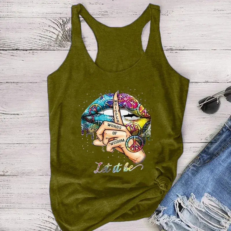 Silence Gesture Lip Pattern Printed Sleeveless Vest Women's Fashion American Retro Polyester Blend Fabric Regular Length