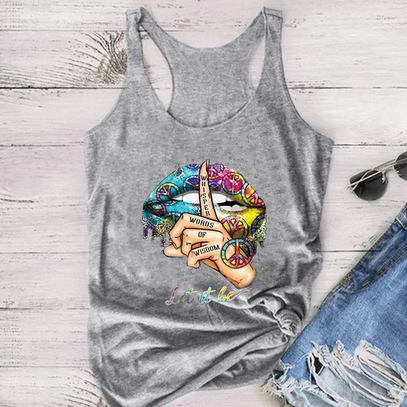 Silence Gesture Lip Pattern Printed Sleeveless Vest Women's Fashion American Retro Polyester Blend Fabric Regular Length