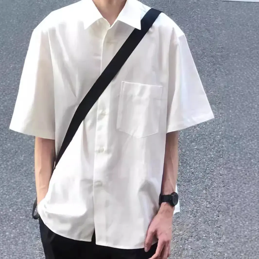 Trendy White Casual Oversize Shirt Men's Short Sleeve Button-up Collarless Vintage Streetwear Fashion From China Mainland