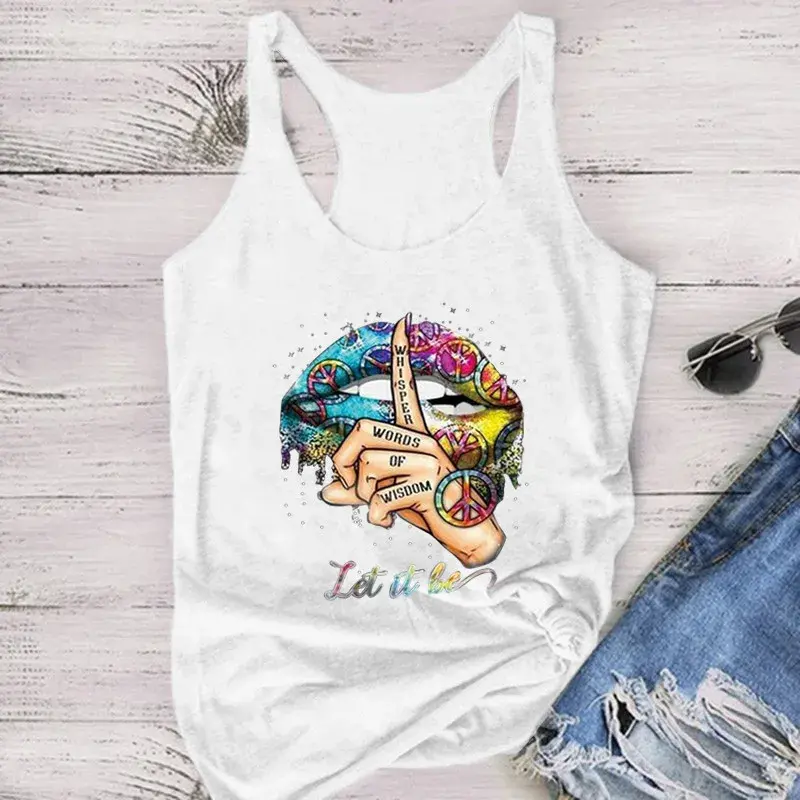 Silence Gesture Lip Pattern Printed Sleeveless Vest Women's Fashion American Retro Polyester Blend Fabric Regular Length