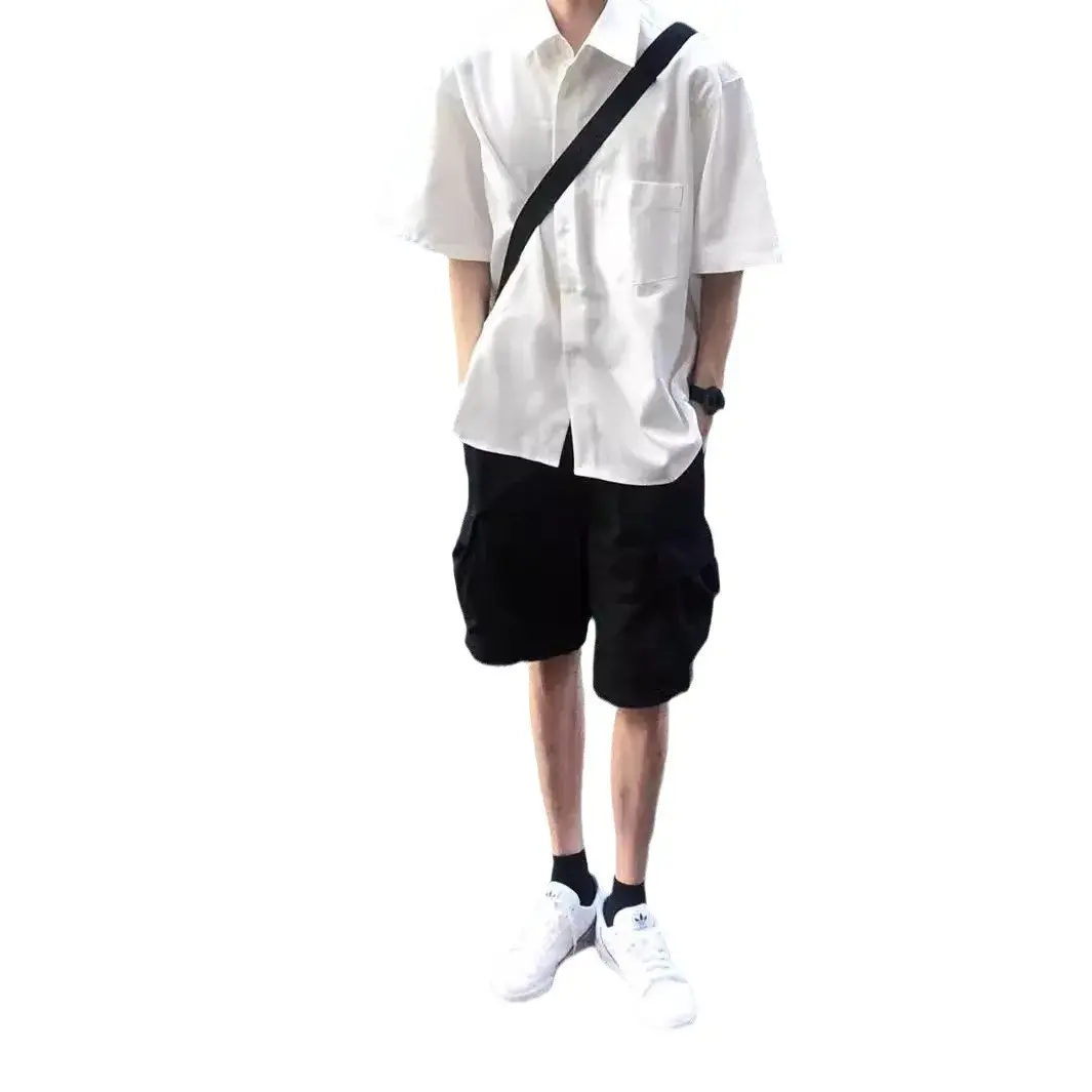 Trendy White Casual Oversize Shirt Men's Short Sleeve Button-up Collarless Vintage Streetwear Fashion From China Mainland